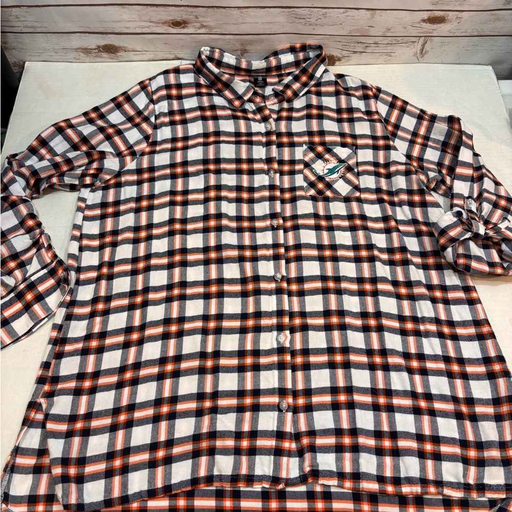 NFL Women's Miami Dolphins Plaid Button-Up Pajama Top
